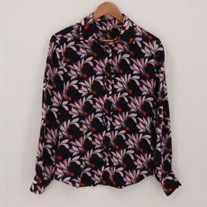 Ann Taylor Silk Floral Button Blouse Top Womens Size S Black Pink Office Career